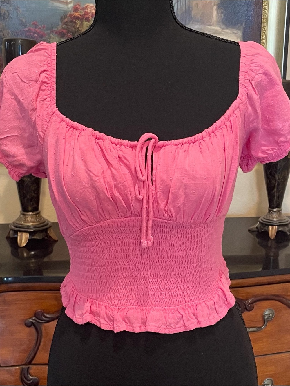 Hollister Pink Smocked Crop Top with Tie Front
